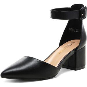 Women's Black Pointed Toe Heels with Ankle Strap and 2.25 Inches Block Heel